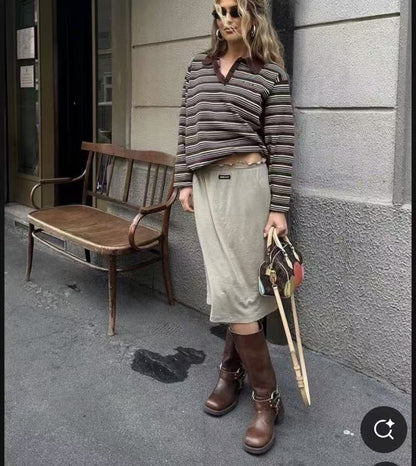 Vintage Striped Lapel Loose Pullover Tops