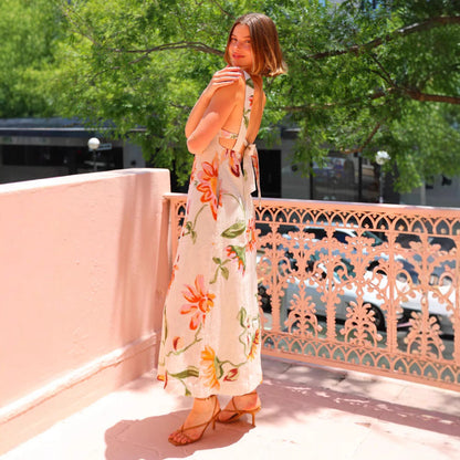 Flower Print Backless Holiday Long Dress