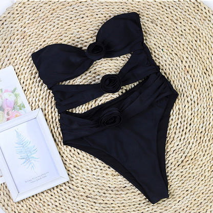 Solid Color Strapless Hollow Out Flower Sexy Swimwear