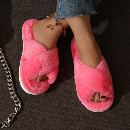 Fuzzy Cross Band Plush Home Slippers