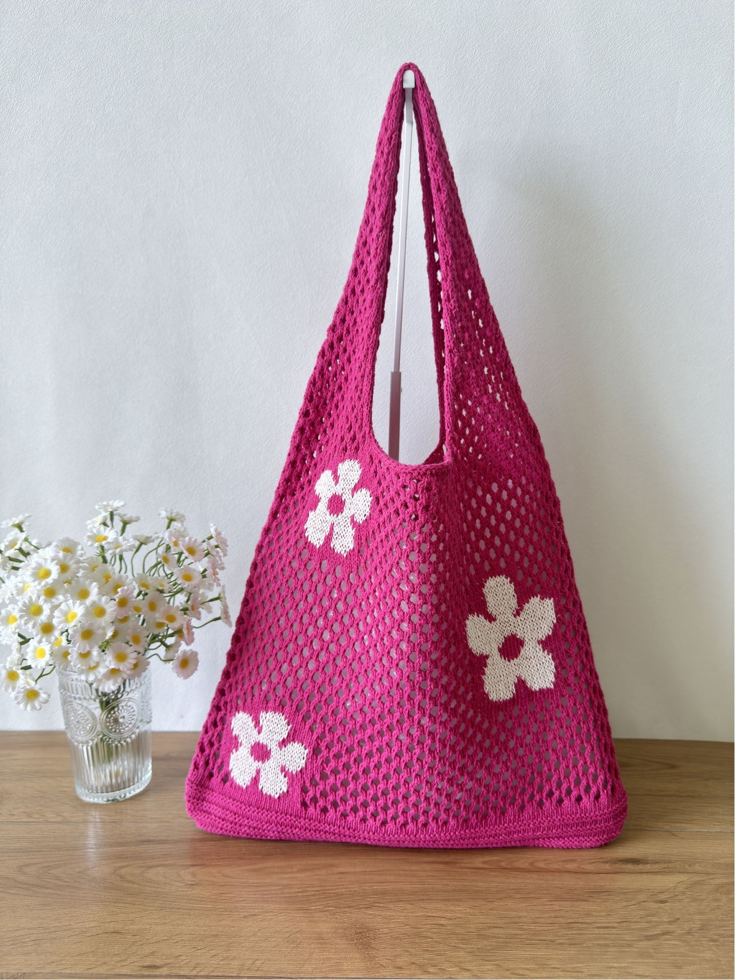 Flower Color Block Hollow Out Woven Handbag