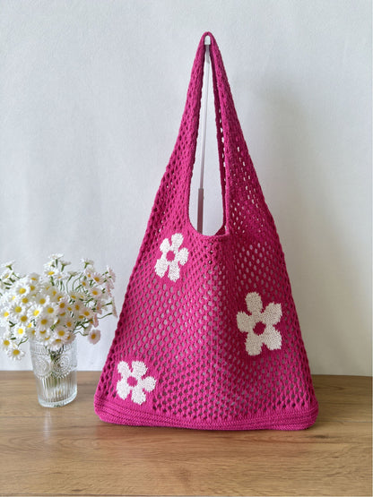 Flower Color Block Hollow Out Woven Handbag