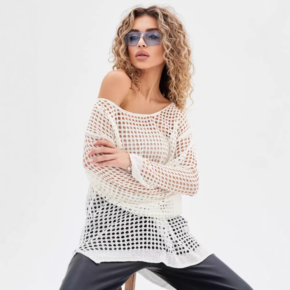 Loose Flare Sleeves Hollow Out Knit Cover Up