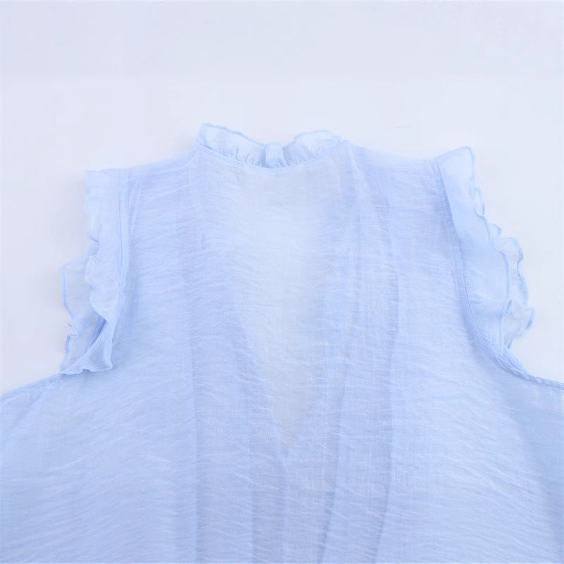 Fashion Solid Color Sleeveless Ruffl Layer Blouse