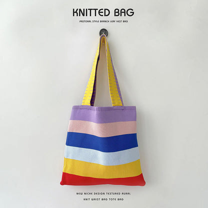 Rainbow Splice Color Block Knit Tote Bag