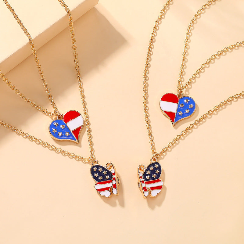 2Pcs USA Flag Heart Necklace Butterfly Necklaces