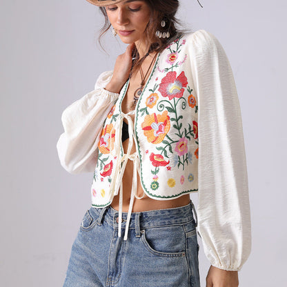 Floral Embroidered Open Front String Shirt