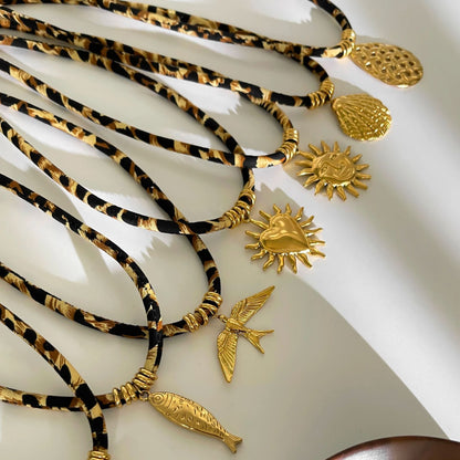 Gold Plated Pendant Leopard Cord Necklace