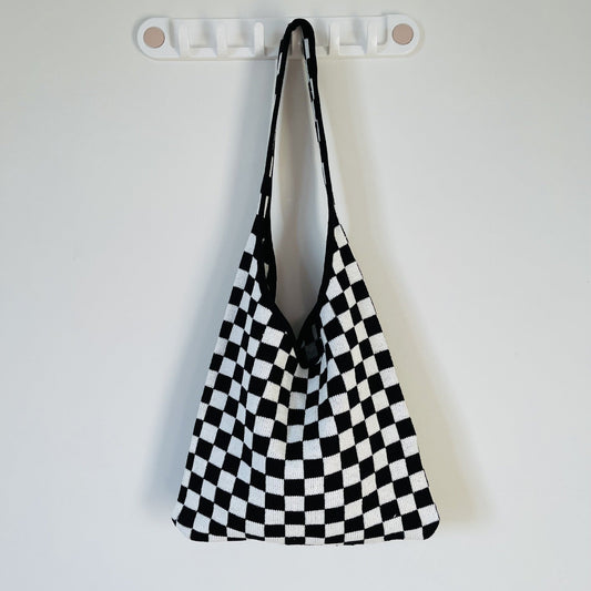 Black & Withe Plaid Color Block Knit Tote Shoulder Bag