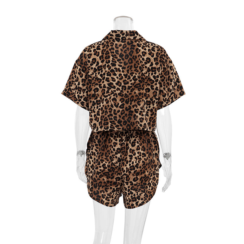 Leopard Print Lapel  Sleepwear Sets