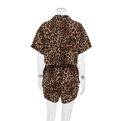 Leopard Print Lapel  Sleepwear Sets