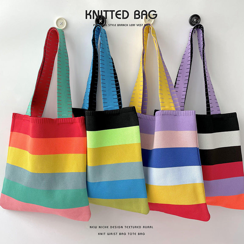 Rainbow Splice Color Block Knit Tote Bag