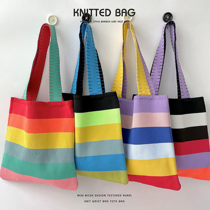Rainbow Splice Color Block Knit Tote Bag
