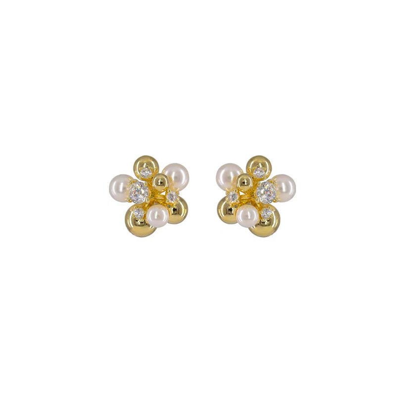 Flower Cubic Zirconia Pearl Stud Earrings