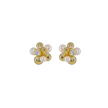 Flower Cubic Zirconia Pearl Stud Earrings