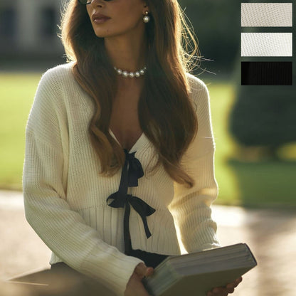 Bows String Tie V-Neck Knit Cardigan