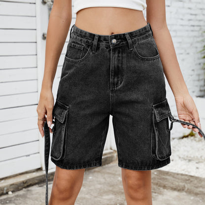 Distressed Straight Leg Cargo Denim Shorts