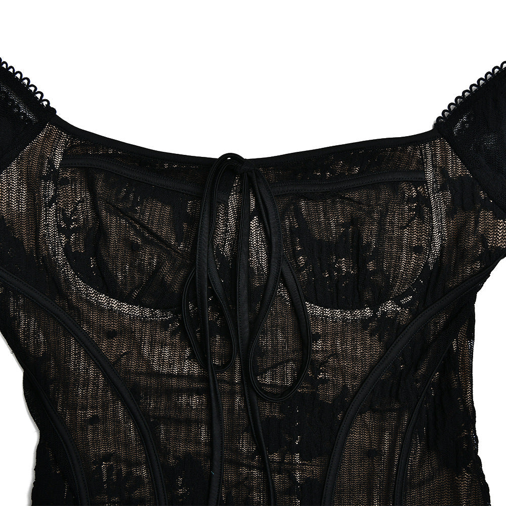 Lace Backless Wrap Floral Sleeves Mini Dress