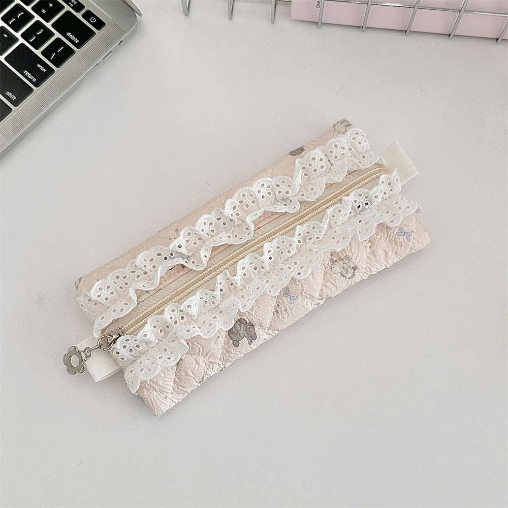 Lace Trim Cotton Quilted Pencil Pouch
