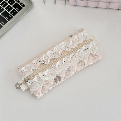 Lace Trim Cotton Quilted Pencil Pouch