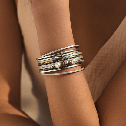 Vintage Pearl Layered Leather Bracelets