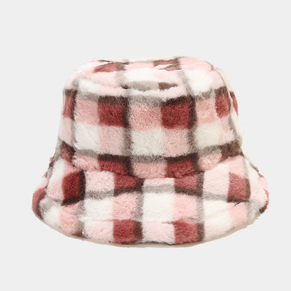 Color Block Plaid Soft Fleece Bucket Hat