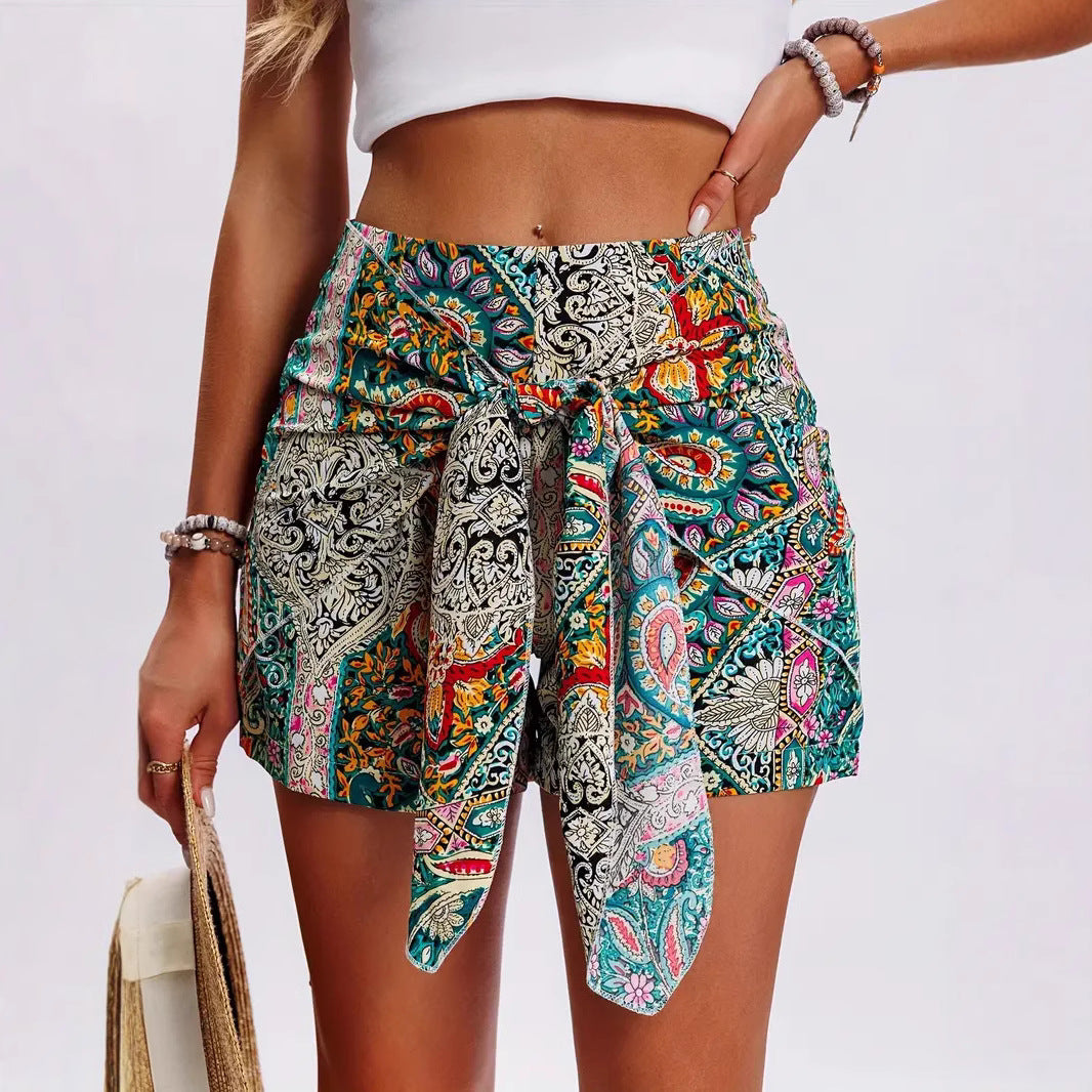 Bohemia Print Knot High Waist Shorts