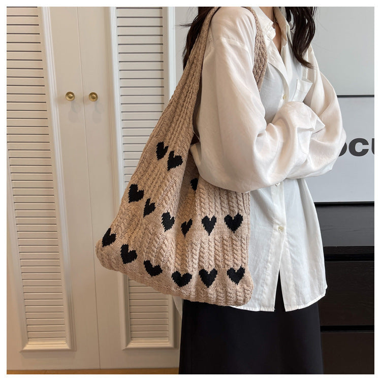 Love Print Color Block Simple Knit Shoulder Bag