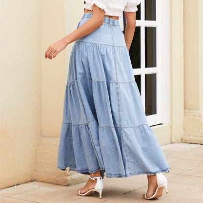 Button Fly Layered Ruffle Denim Maxi Skirt