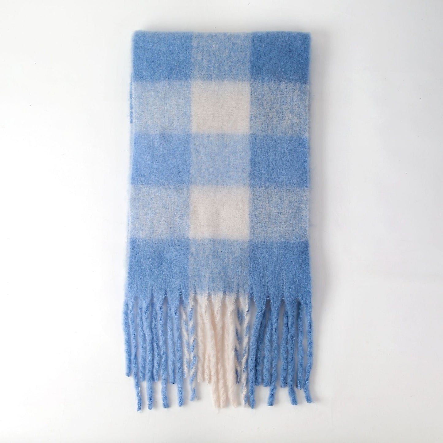 Cozy Color Block Plaid Fringed Knit Scarf