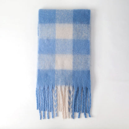 Cozy Color Block Plaid Fringed Knit Scarf