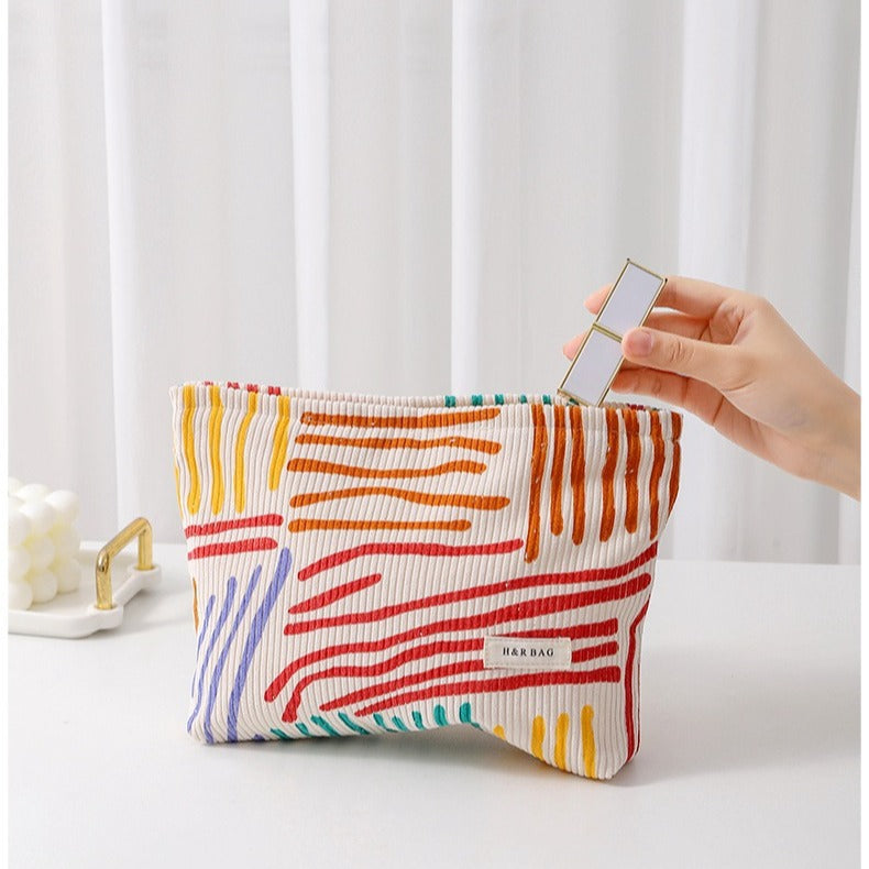 Floral Sreipe Corduroy Portable Cosmetic Bag