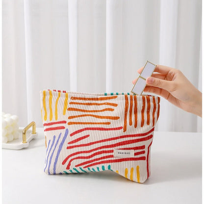 Floral Sreipe Corduroy Portable Cosmetic Bag