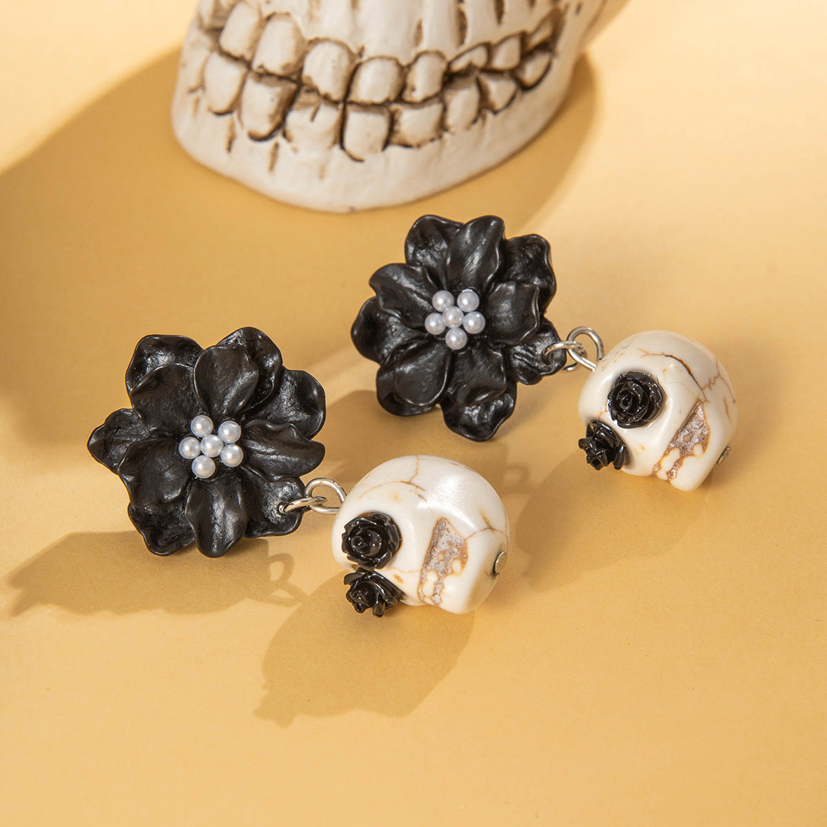 Gothic Black Camellia Skull Stud Earrings