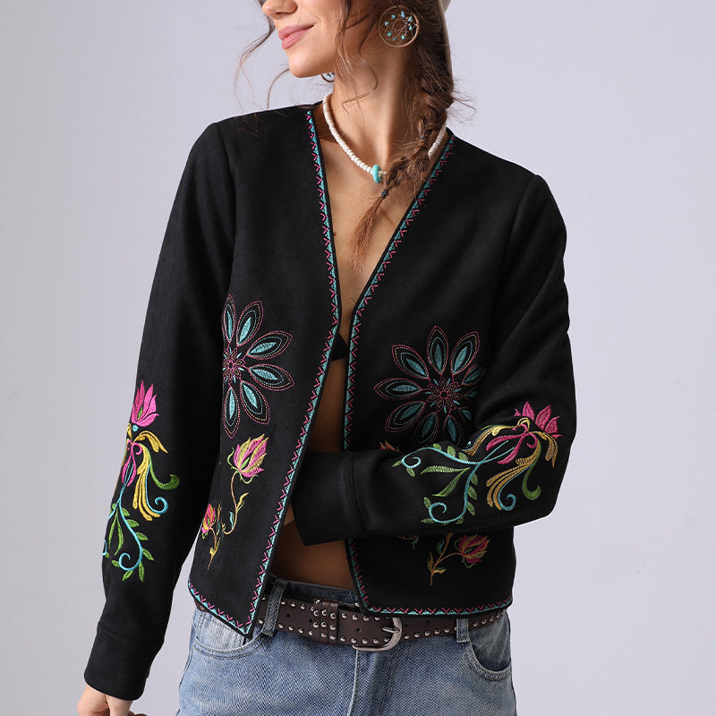 Boho Flower Embroidered Long Sleeve Suede Top