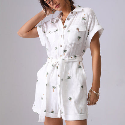 Tree Embroidered String Pockets Lapel Romper