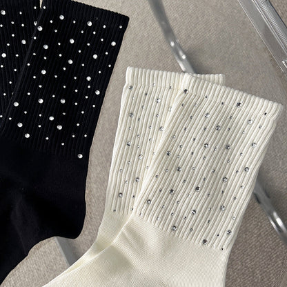 Rhinestone Ribbed Simple Cotton Socks