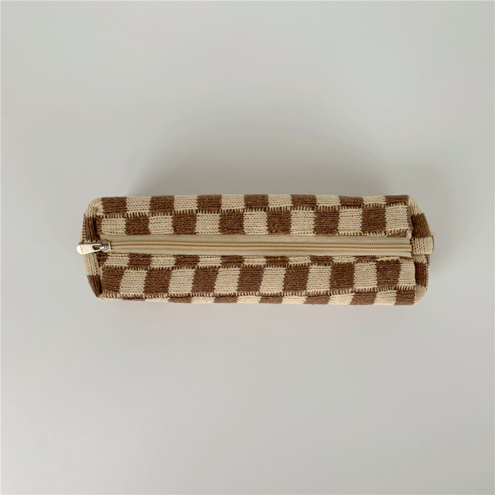 Simple Plaid Color Block Knit Make Up Bag