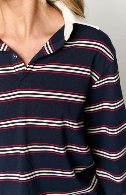 Color Block Lapel Collar Striped Pullover Top