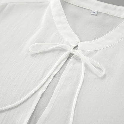 Elegant Solid Color Tie-Front Drawstring Chiffon Top