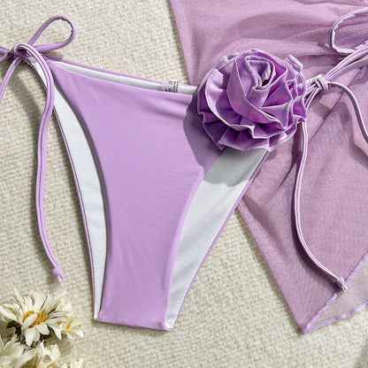 3-Piece Sexy 3D Floral Bandeau Bikini Set