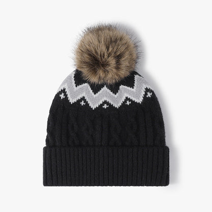 Splicing Twist Padded Knit Pom Beanie