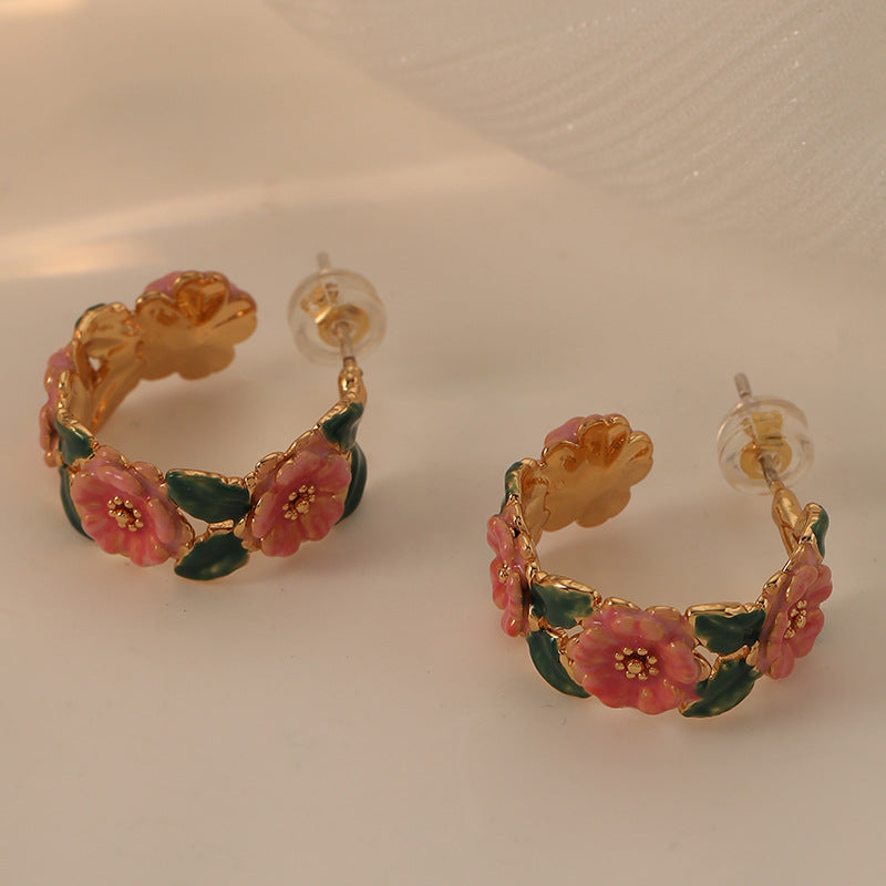 Vintage Camellia Enamel Drip Glaze Hoop Earrings