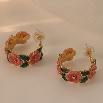 Vintage Camellia Enamel Drip Glaze Hoop Earrings