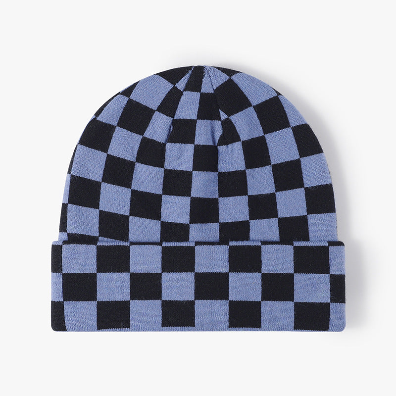Color Contrast Checkered Knit Beanie Warm Hat