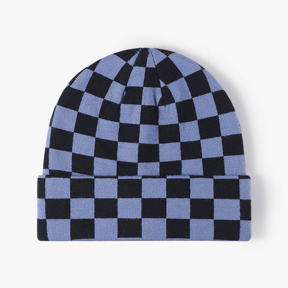 Color Contrast Checkered Knit Beanie Warm Hat