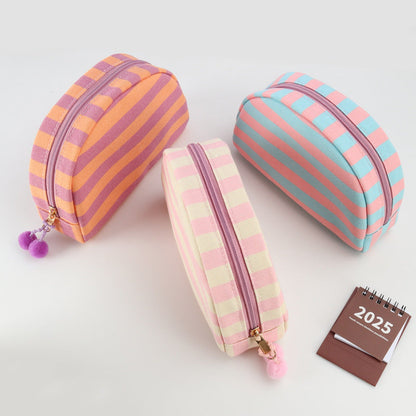 Minimalist Striped Canvas Shell Makeup Bag
