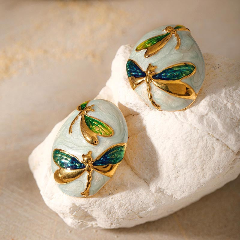 Asymmetrical Oval Enamel Dragonfly Stud Earring