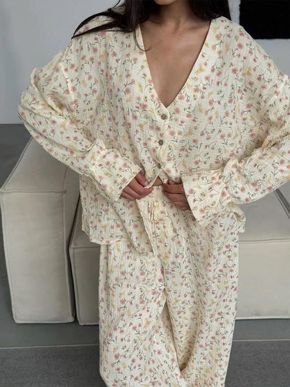 Floral Print V-Neck Button Up Pajamas Set