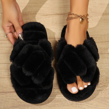 Soft Fuzzy Cross Band Open Toe Slippers